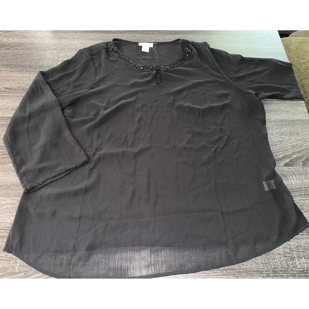 Worthington Woman Black Beaded Sheer Chiffon Blouse 2X‎ Plus Size  Keyhole Top